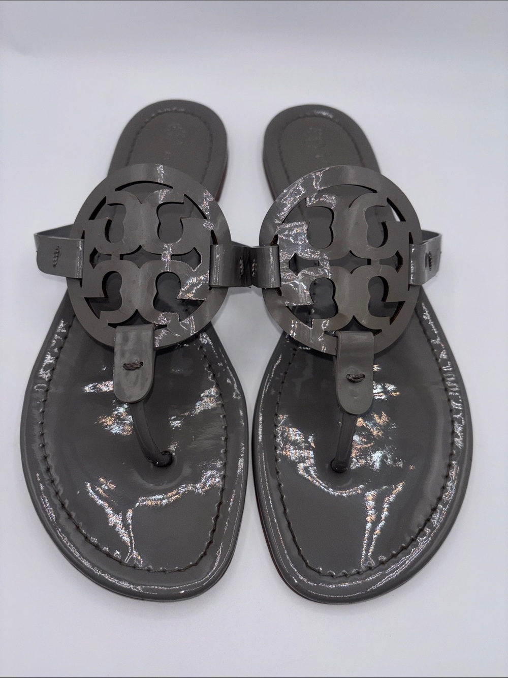 Tory Burch Miller Slate Grey Patent Leather Logo Toe-Post Sandals